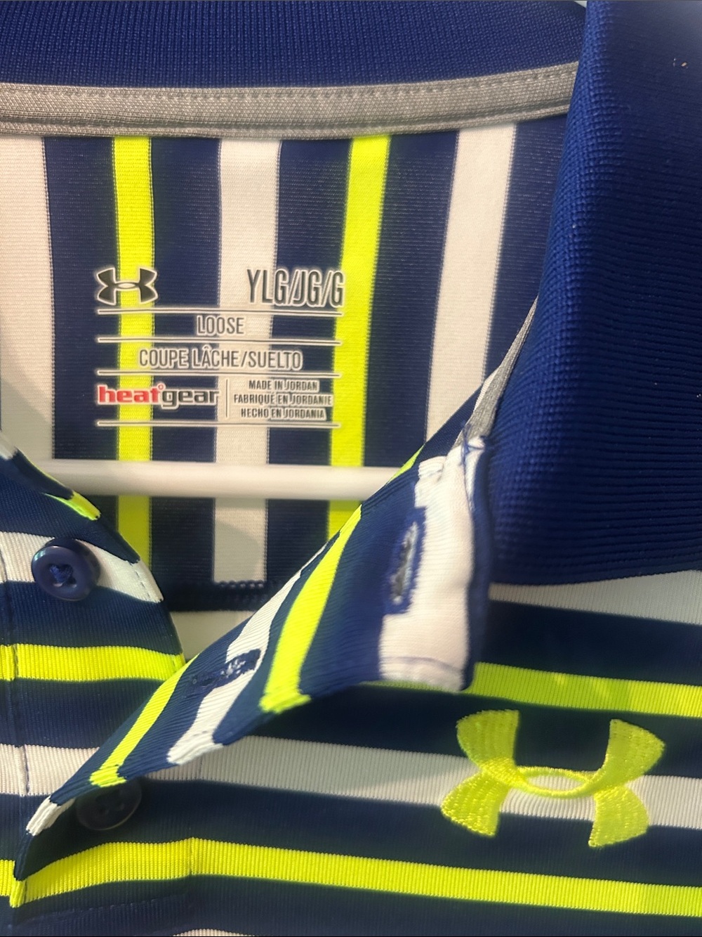 Under Armour Boys' Navy, White & Neon Yellow Striped Polo - Picture 2 of 3